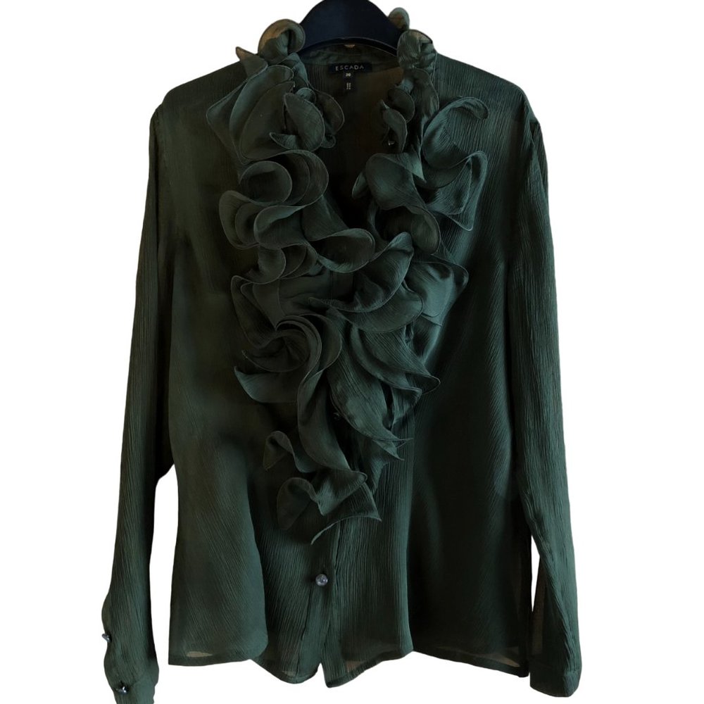 Escada dark olive green blouse 98% silk crepe with front ruffles